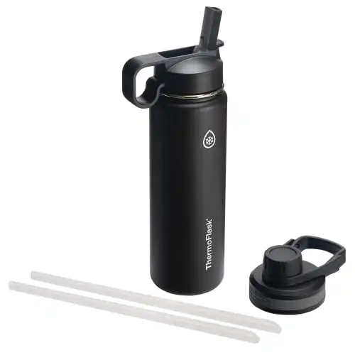 ThermoFlask Double Wall Vacuum Insulated Stainless Steel Water Bottle with Two Lids, 24 Ounce, Black