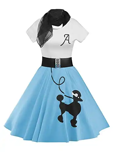 ZEZCLO Women's Retro Poodle Print Skater Dress Vintage High Waist Rockabilly Swing Tee Cocktail Party Dresses