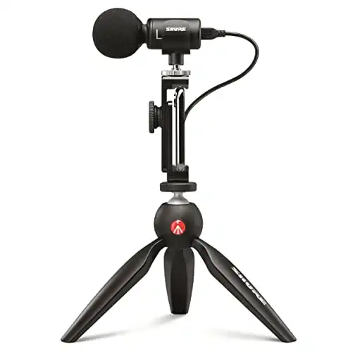 Shure MV88+ Video Kit - Digital Stereo Condenser Microphone for Apple and Android, with Manfrotto PIXI Tripod, Phone Clamp, Mount, iOS and USB-C Cables for Next-Level Compatibility and Connectivity