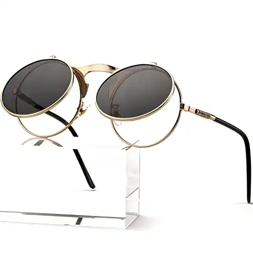AIEYEZO Round Flip Up Sunglasses for Men and Women Rave Flip Glasses 90's Retro Steampunk Style