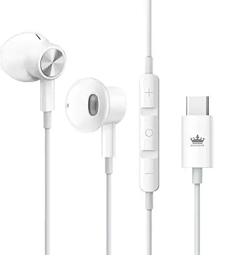 KINGONE USB C Headphones 2021 HiFi Stereo Type C Earbuds with Mic and Volume Control Compatible with Google Pixel 4 3 2 XL,Sony XZ2, OnePlus 6T and More Type C Port Model -White