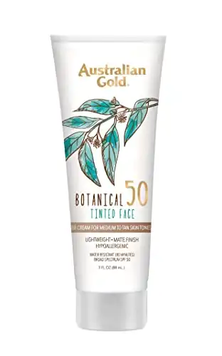 Australian Gold Botanical SPF 50 Tinted Sunscreen for Face, Non-Chemical BB Cream & Mineral Sunscreen, Water-Resistant, Matte Finish, For Sensitive Facial Skin, Medium to Tan Skin Tones, 3 FL Oz