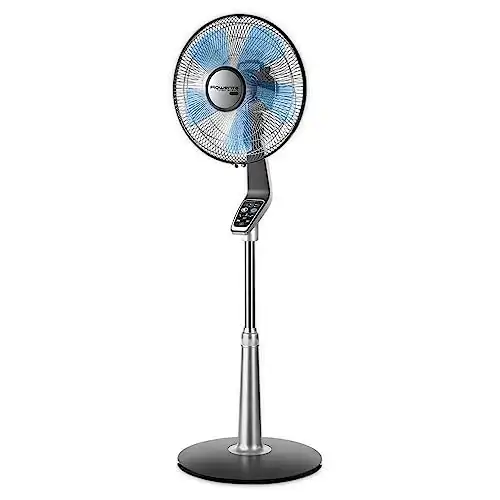 Rowenta Turbo Silence Standing Floor Fan with Remote 53 Inches Ultra Quiet Fan Oscillating, Portable, 5 Speeds, Indoor, Refresh Up to 23-Feet VU5670,Silver