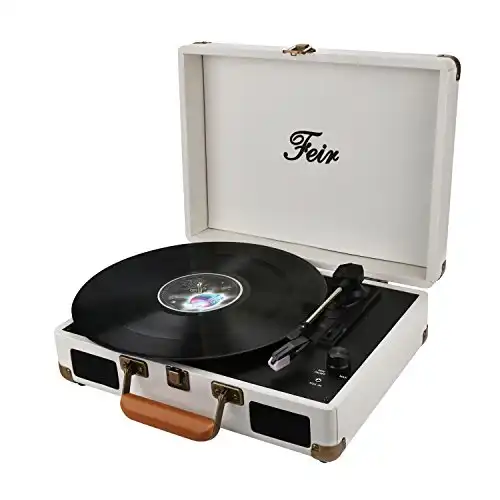 Vinyl Record Player Bluetooth with Speakers 3 Speed Portable Turntable Suitcase Built in 2 Speakers RCA Line Out AUX Headphone Jack PC Recorder-White