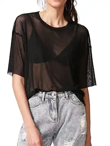 MakeMeChic Women's Summer Short Sleeve Tops See Through Mesh Sheer Sexy T Shirt Blouse