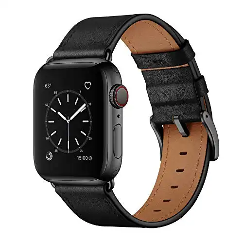 OUHENG Compatible with Apple Watch Band 49mm 45mm 44mm 42mm, Genuine Leather Band Replacement Strap Compatible with Apple Watch Ultra Series 8/7/6/5/4/3/2/1/SE/SE2, Black Band with Black Adapter