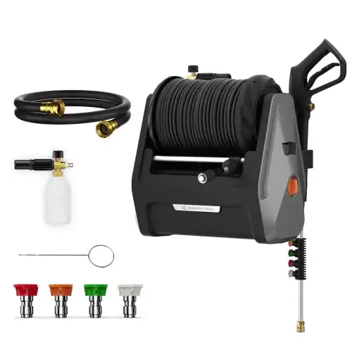 Giraffe Tools Grandfalls Pressure Washer, Electric Wall Mounted Power Washer with 100FT Retractable Hose, Soap Tank and 4-Nozzle Set, Car Washer for Home/Garage/Driveway/Patio