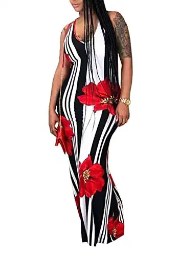 Voghtic Women's Casual Maxi Dress Spaghetti Strap V Neck Long Beach Maxi Dresses with Pockets