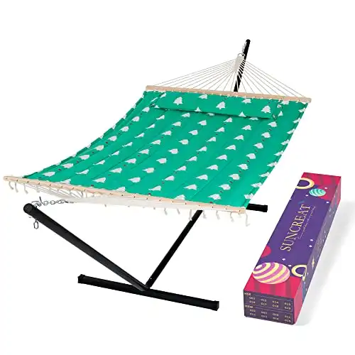 SUNCREAT Hammock with Stand Included, 475 lbs Capacity, Gift Box Included, Free Standing Hammocks for Outside, Green&White