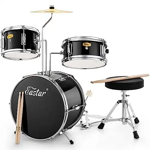Eastar Drum Set 14'' for Kids Beginners,3 Piece with Bass Tom Snare Drum,Adjustable Throne, Cymbal, Pedal & Two Pairs of Drumsticks, Metallic All Black