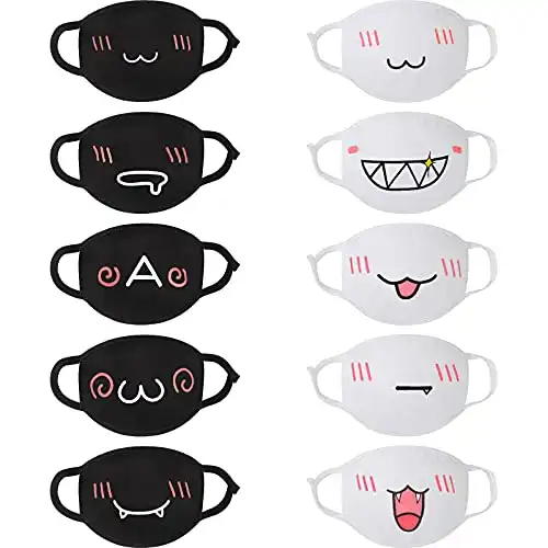 10 Pieces Kawaii Mask Anime Face Mouth Mask Cute Mouth Covering Reusable Washable Mouth Mask for Women Girls Kids, Black and White