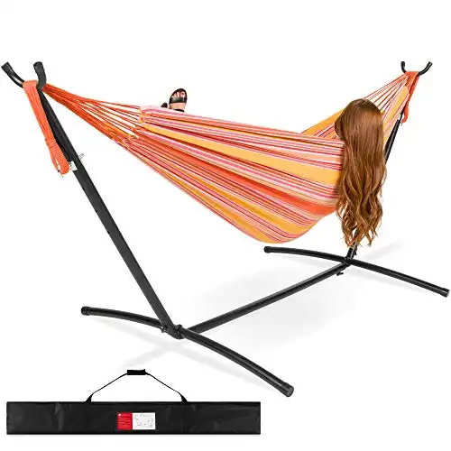 Best Choice Products 2-Person Double Hammock with Stand Set, Indoor Outdoor Brazilian-Style Cotton Bed for Backyard, Camping, Patio w/Carrying Bag, Steel Stand, 450lb Weight Capacity - Sunset
