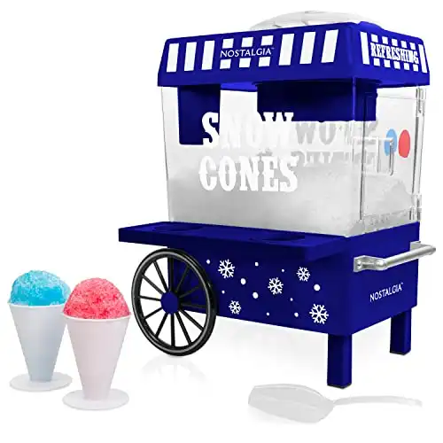 Nostalgia Vintage Countertop Snow Cone Machine - Slushie Machine - Shaved Ice Machine and Crushed Ice Maker - Makes 20 Icy Treats, Includes 2 Reusable Plastic Cups & Ice Scoop – Cobalt