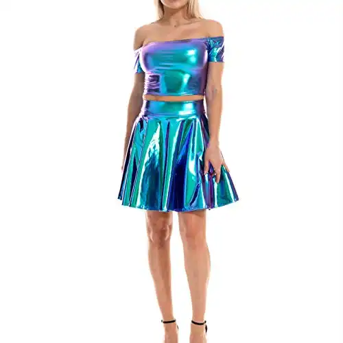 Flyrose Women's Shiny Metallic 2 Piece Outfits Set Clubwear Strapless Bandeau Tube Bra Top Mini Skirt
