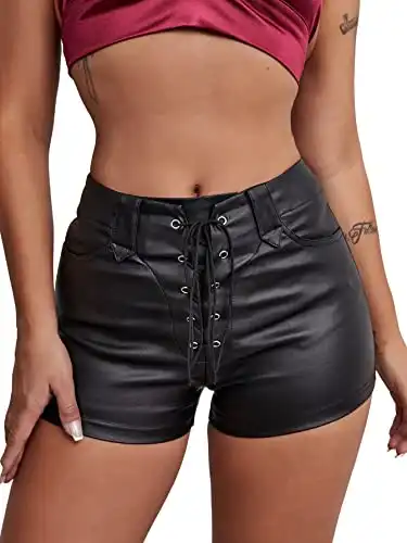 Floerns Women's Eyelets Drawstring Front High Waisted Solid Leather Shorts