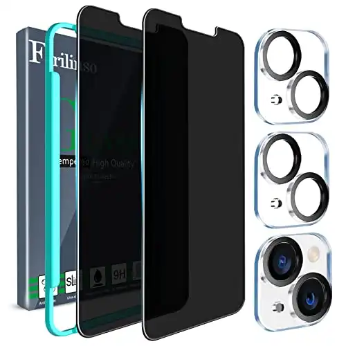 Ferilinso for iPhone 13/ 14 Privacy Screen Protector 2 Pack 9H Anti Spy Tempered Glass Privacy Screen with 2 Pack Camera Lens Protector Case Friendly Accessories