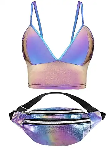 2 Pcs Women's Reflective Crop Tops and Shiny Neon Fanny Bag Festival Rave Outfits Neck Tube Top Tank Vest Halloween Club Wear