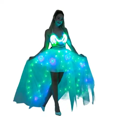 QooGoo Women Tulle Tutu Skirts,LED Light Up Long High Low Ruffles Christmas Wedding Party Rave Outfit Steampunk Dovetail Skirt(White+Smart LED L£©