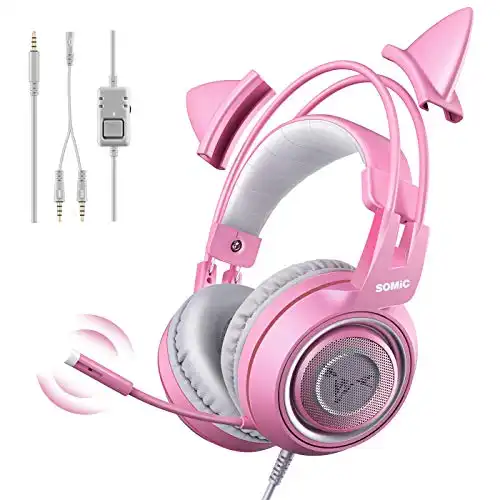 SOMIC G951s Pink Stereo Gaming Headset with Mic for PS4,Xbox,PC,Mobile Phone,3.5mm Noise Reduction Cat Ear Headphones Lightweight Over Ear Headphones