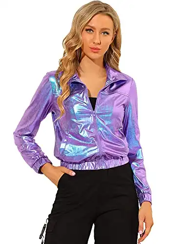 Allegra K Women's Holographic Shiny Party Long Sleeve Lightweight Zipper Metallic Jacket