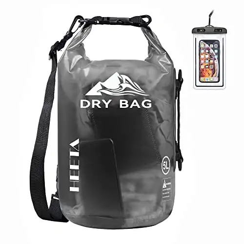 HEETA Waterproof Dry Bag for Women Men, Roll Top Lightweight Dry Storage Bag Backpack with Phone Case for Travel, Swimming, Boating, Kayaking, Camping and Beach, Transparent Black 5L