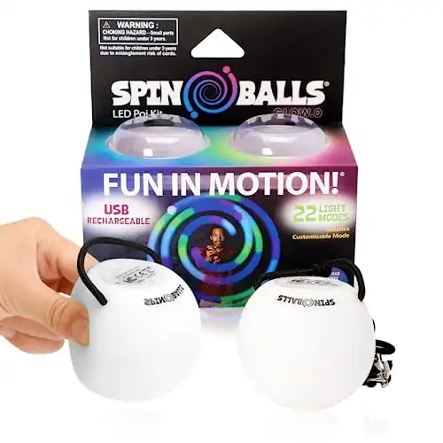 Spinballs Glow.0 LED Poi Balls Glow – USB Rechargeable with 22 Vibrant Color Light Modes & Patterns – Durable, Soft-Core LED Poi Spinning Balls with Adjustable Leashes & Double-Loop Handle...