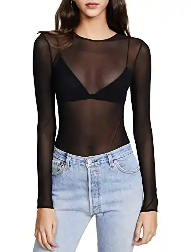 Kyerivs Women's Mesh Tops Long Sleeve See Through Sheer Blouse Black Sexy Clubwear Shirts