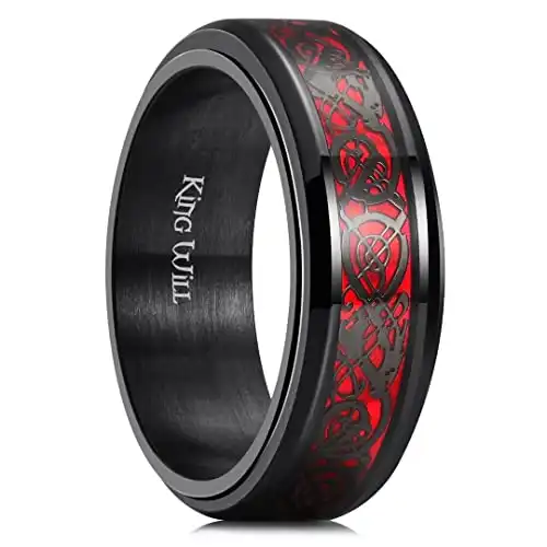 King Will Spinner 8mm Stainless Steel Ring Anxiety Relief Red Celtic Dragon Black Carbon Fibre Inlay Fidget Wedding Ring 7
