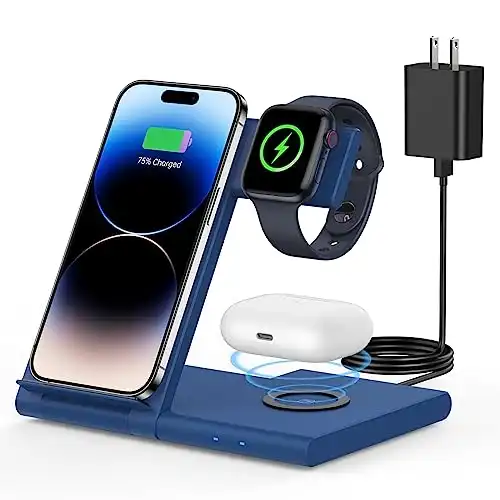 Wireless Charger 3 in 1 Wireless Charging Station Foldable Stand for iPhone 14/13/12/11 (Pro, Pro Max)/XS/XR/X/8 (Plus), Apple Watch Series 8/7/6/SE/5/4/3/2 & AirPods 3/2/Pro with Adapter (Black)