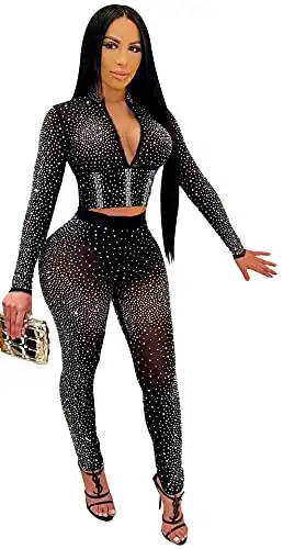 Womens Sexy 2 Pieces Mesh Rhinestone Crop Tops Shirts Bodycon Pants Party Clubwear Tracksuit Outfits Set