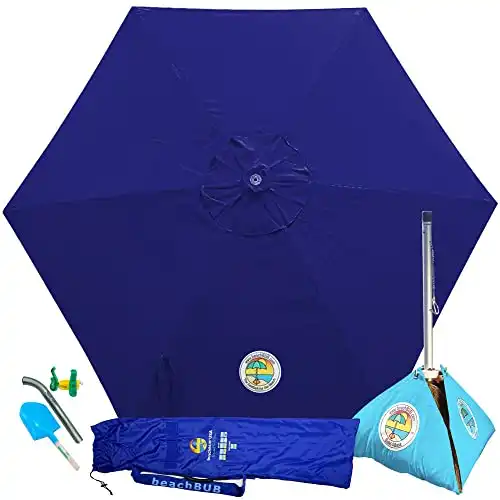 BEACHBUB All-In-One Beach Umbrella System. Includes 7.5 foot (50+ UPF) Umbrella, Oversize Bag, Base & Accessory Kit