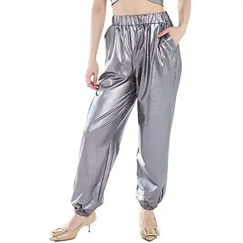 Womens Metallic Shinny Pants, Casual Holographic Jogger Sweatpants Punk Hip Hop Trousers Streetwear