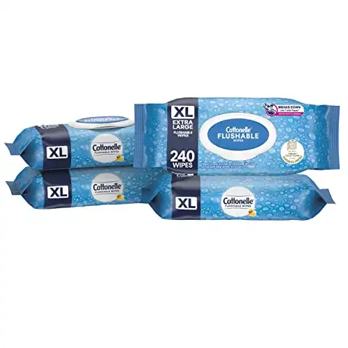 Cottonelle XL Flushable Wet Wipes, Adult Wipes Large, 4 Flip-Top Packs, 240 Total Flushable Wipes (4 Packs of 60 Wipes)