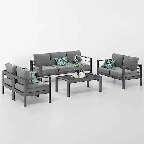 Solaste Aluminum Patio Furniture Set,5 Pieces Modern Outdoor Conversation Set Sectional Sofa with Upgrade Cushion and Coffee Table,Grey