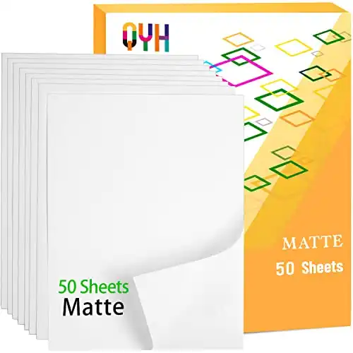 Premium Printable Vinyl Sticker Paper - 50 Matte White Waterproof Decal Paper Sheets for Inkjet Printer Standard Letter Size 8.5"x11"