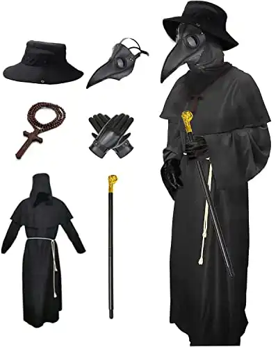 Nicexx Plague Doctor Mask Costumes Set 6 in 1 Halloween Beak Mask Plague Dr Outfit for Adults