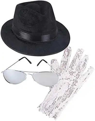Rhode Island Novelty MJ King Of Pop Costume Bundle With Fedora Hat Glove And Sunglasses