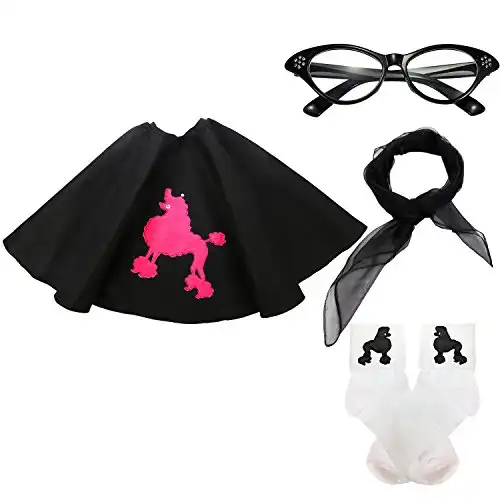50s Girls Costume Accessory Set - Poodle Skirt, Chiffon Scarf, Cat Eye Glasses,Bobby Socks
