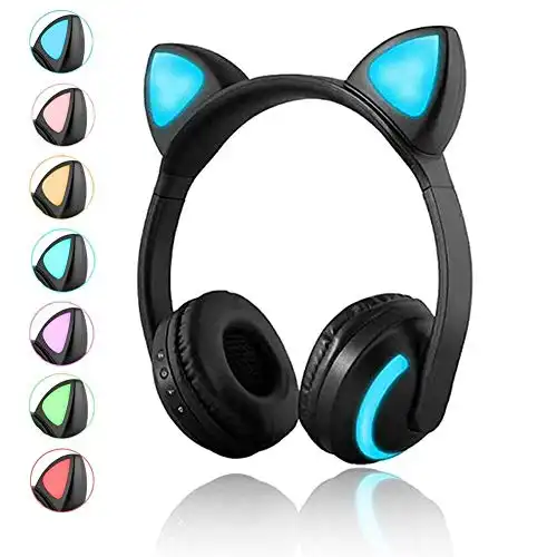 Luckyu Wireless Bluetooth Cat Ear Headphones with Mic 7 Colors LED Light Flashing Glowing On-Ear Stereo Headset Compatible with Smartphones PC Tablet