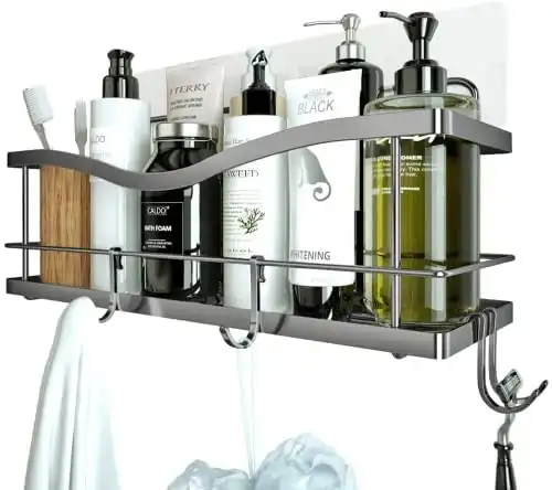 KINCMAX Shower Caddy for Inside Shower - Self Adhesive Wall Shower Organizer w/ 4 Hooks - Large Capacity No Drill Bathroom Shelf - Stainless Steel Kitchen Spice Rack - Polished Silver