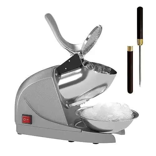 OKF Ice Shaver Prevent Splash Electric Three Blades Snow Cone Maker Stainless Steel Shaved Ice Machine 380W 286lbs/hr Home and Commercial Ice Crushers with Ice Pick (Silver)
