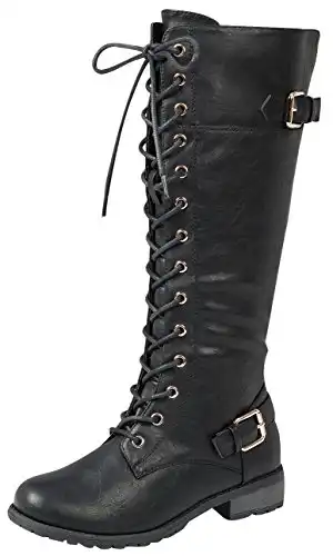 Forever Link Women's Strappy Lace-Up Knee High Combat Stacked Heel Boot