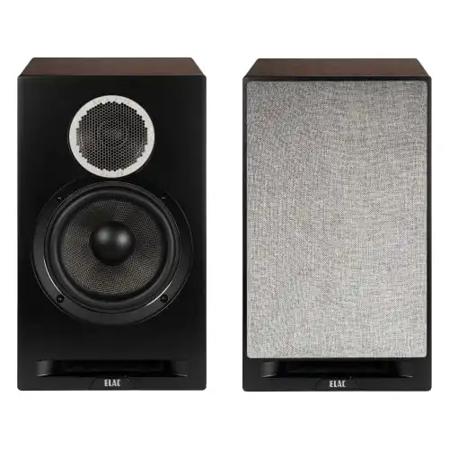 ELAC Debut Reference 6-1/2" Bookshelf Speakers, Walnut or Oak Pair of Bookshelf Stereo Speakers for Home Audio, Black Baffle with Walnut Sides