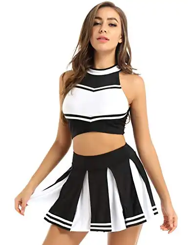 ACSUSS Womens 2PCS Cheerleading Costume Sleeveless Top with Knife Pleated Mini Skirt Outfit Sets Black Small