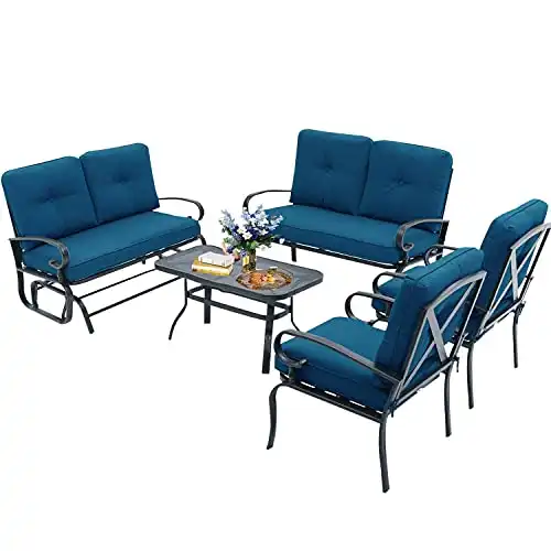 Oakcloud 5-Piece Outdoor Metal Furniture Sets Patio Conversation Set Wrought Iron Glider, 2 Single Chairs, Loveseat and Coffee Table, Peacock Blue