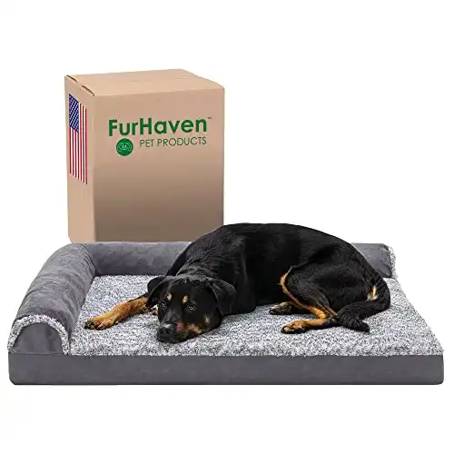Furhaven Orthopedic Dog Bed for Large Dogs w/ Removable Bolsters & Washable Cover, For Dogs Up to 95 lbs - Two-Tone Plush Faux Fur & Suede L Shaped Chaise - Stone Gray, Jumbo/XL