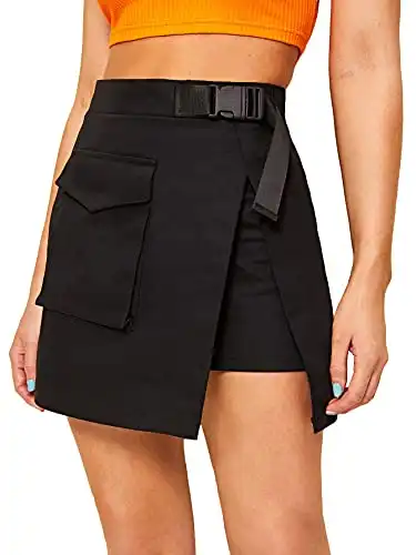 WDIRARA Women's Cargo Skirt Utility Asymmetrical Slit High Waist Wrap Mini Skirt with Buckle Black Plaid XS