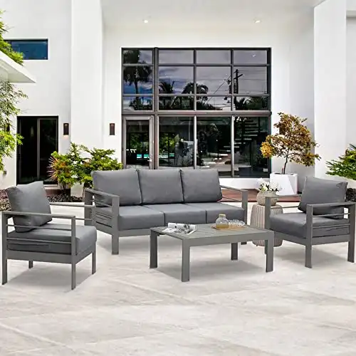 Wisteria Lane Aluminum Outdoor Patio Furniture Set, Modern Patio Conversation Sets, Outdoor Sectional Metal Sofa with 5 Inch Cushion and Coffee Table for Balcony, Garden, Dark Grey