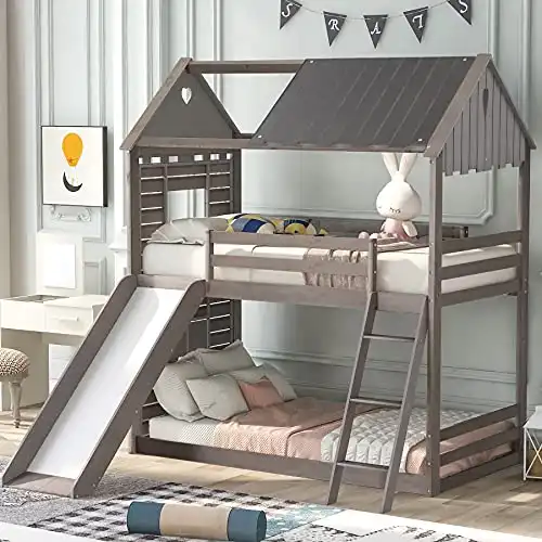 Harper & Bright Designs Twin Bunk Beds with Slide, Wood Bunk Beds with Roof and Guardrail for Kids, No Box Spring Needed (Antique Grey (with Ladder), Twin Over Twin)