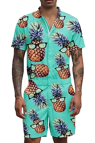 Goodstoworld Male Hawaiian Romper Fashion Zipper Slim Fit Jumpsuit with Pocket S-XXL